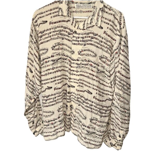 Anne Pinkerton Musical Notes Silk Blouse Cream Black Hint of Red Size Large - Picture 2 of 6